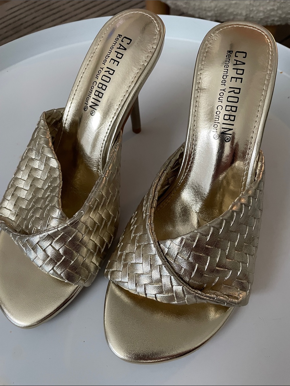 Brand New, Never Worn Cape Robbin Gold Woven Slip-On Heels for Women